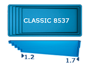 Бассейн San Juan Classic 8.5x3.7, гл. 1.1-1.7 м, цвет 3D Iridium,белый и голубой